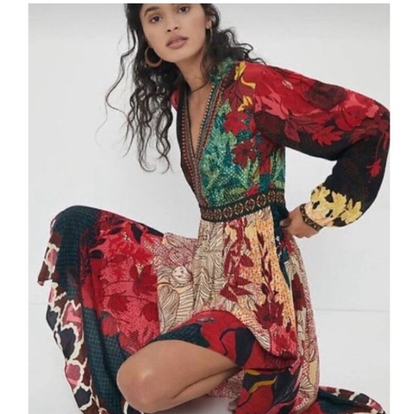 Boho Bhanuni by Jyoti Obsidian Mixed Print Boho Beaded V-Neck Maxi Dress Sz 20W - Picture 2 of 15